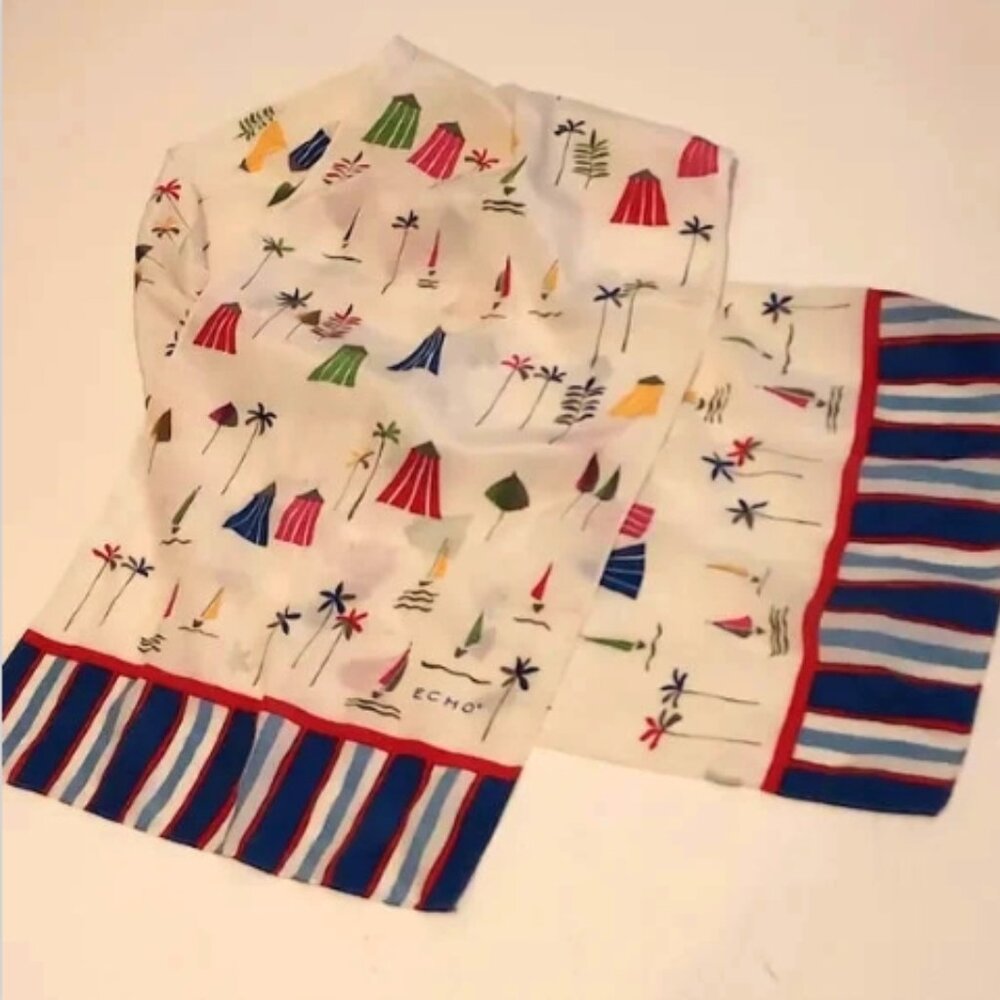 Echo Red White Blue Beach Summer Cabana Palm Trees Rectangular Scarf *NO TAG